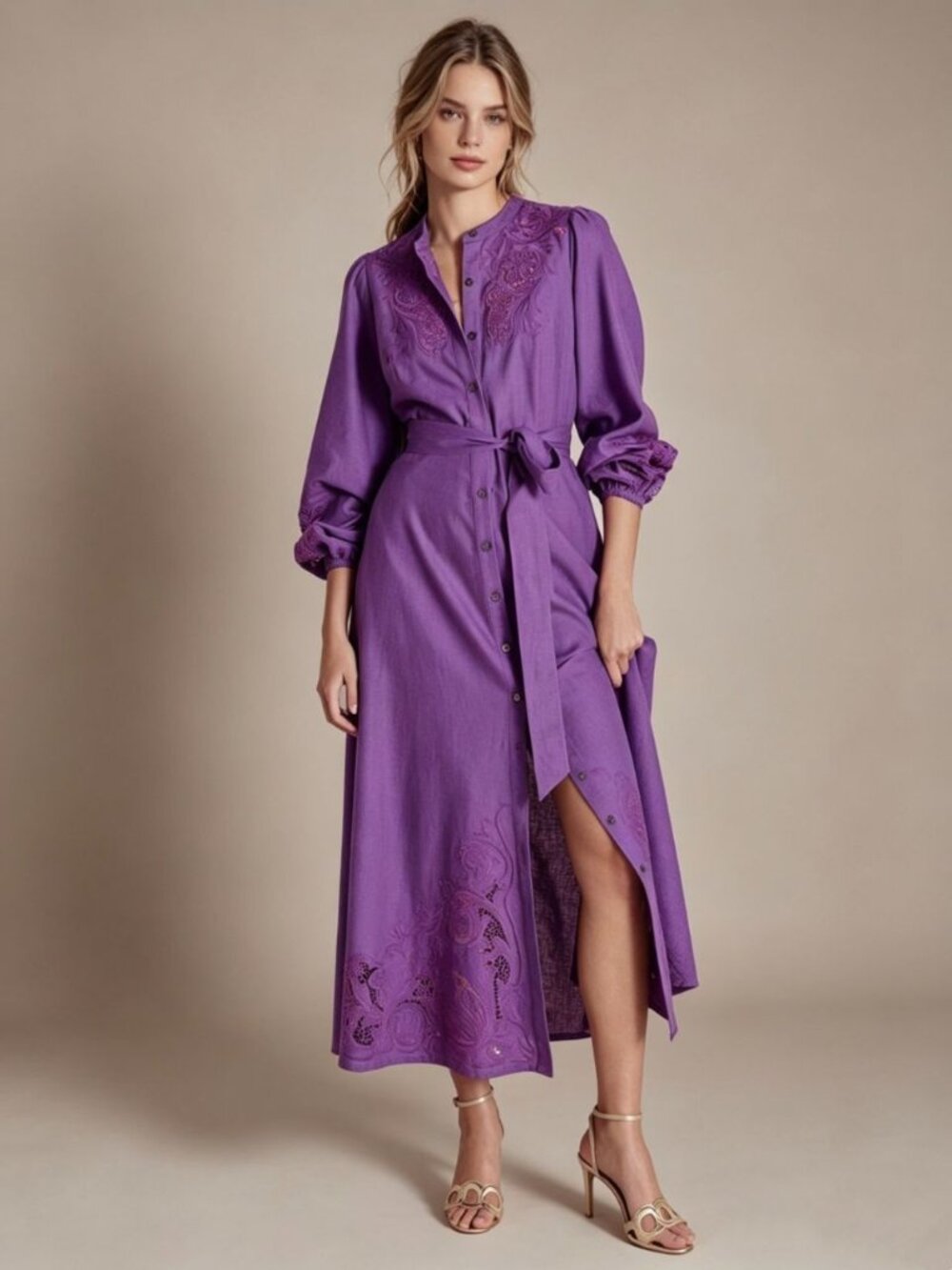 $398 NWOT Boden Mae Embroidered Linen Blend Long Sleeves Midi Dress Size 6P